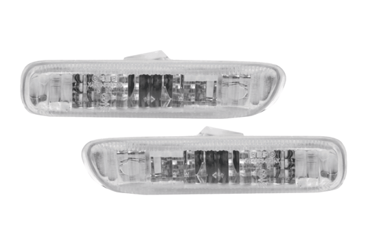 BMW E46 2D Cabrio and 1999-2003 BMW 4D/5D side indicator lights by K2 Industries, crystal clear or smoke lens, close-up view