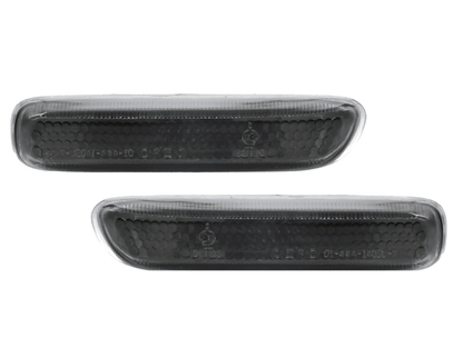 BMW E46 2D Cabrio and 99-01 4D/5D side indicator lights by K2 Industries, crystal clear or smoke finish, mounted on vehicle side.