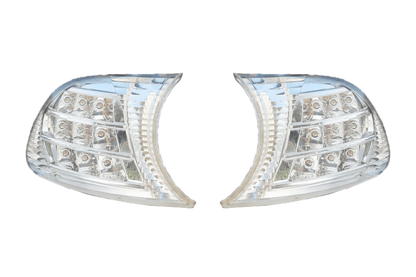 BMW E46 2D/Cabrio crystal clear screw-on LED corner lights by K2 Industries, showing close-up of bright, transparent corner signals.
