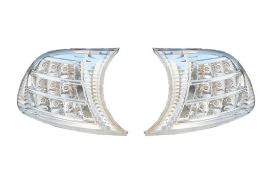 BMW E46 2D/Cabrio crystal clear screw-on LED corner lights by K2 Industries, showing close-up of bright, transparent corner signals.