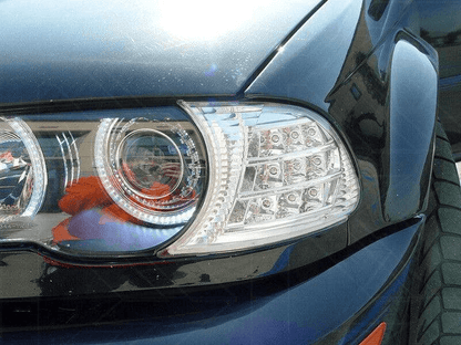 BMW E46 2D Cabrio crystal clear screw-on LED corner lights by K2 Industries, showing the bright, clear LED lenses on the car's corners.