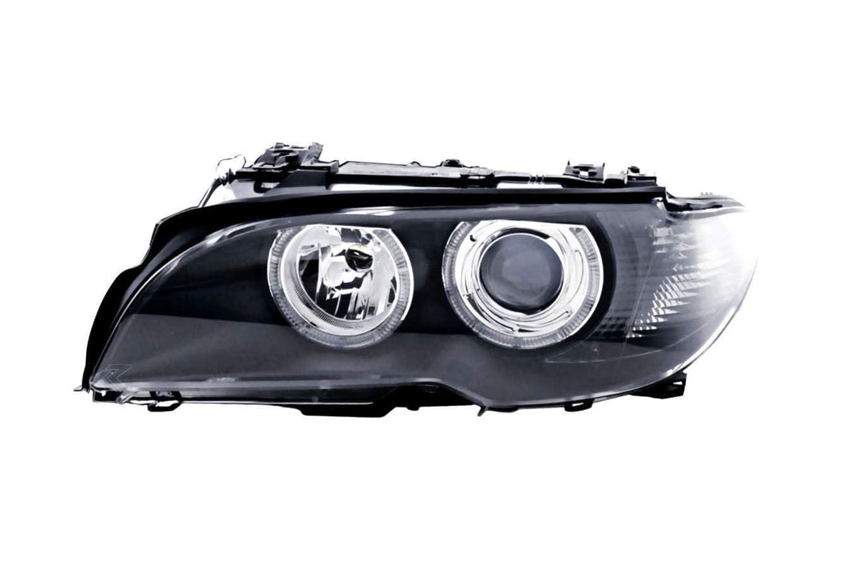 BMW E46 3-Series Coupe black OE+ Angel Eyes headlights by K2 Industries, showing the sleek headlight design with angel eye rings.