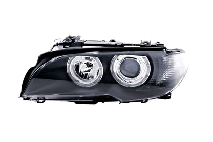 BMW E46 3-Series Coupe black OE+ Angel Eyes headlights by K2 Industries, showing the sleek headlight design with angel eye rings.
