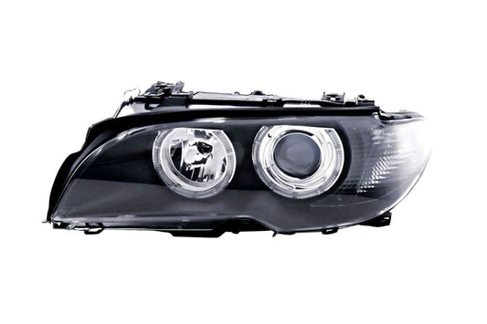 BMW E46 3-Series Coupe black OE+ Angel Eyes headlights by K2 Industries, showing the sleek headlight design with angel eye rings.
