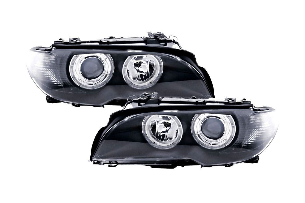 Black OE+ Angel Eyes headlights for BMW E46 3-Series Coupe (2002-2005) by K2 Industries, showing the sleek headlight design.