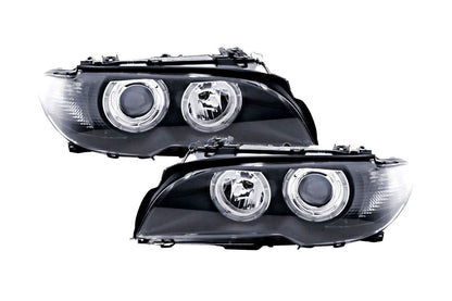 Black OE+ Angel Eyes headlights for BMW E46 3-Series Coupe (2002-2005) by K2 Industries, showing the sleek headlight design.