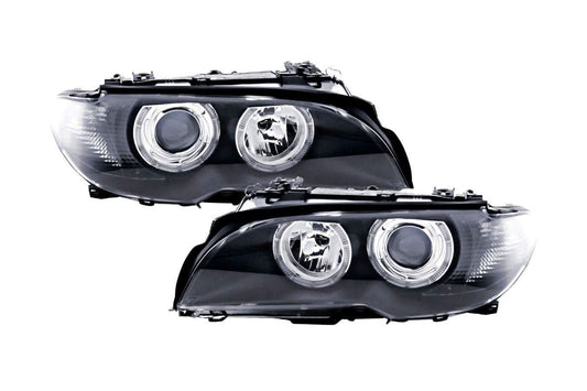 Black OE+ Angel Eyes headlights for BMW E46 3-Series Coupe (2002-2005) by K2 Industries, showing the sleek headlight design.