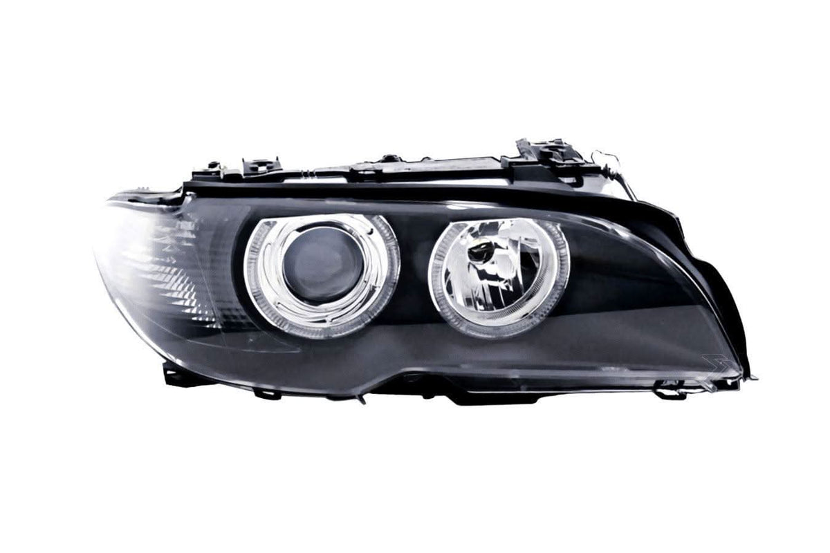 Black BMW E46 3-Series Coupe OE+ Angel Eyes Headlights by K2 Industries, for models 2002-2005, showing front view of headlights