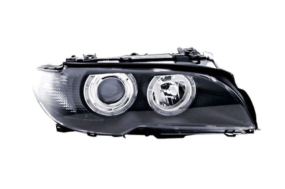 Black BMW E46 3-Series Coupe OE+ Angel Eyes Headlights by K2 Industries, for models 2002-2005, showing front view of headlights