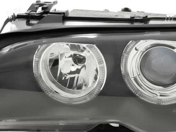Black BMW E46 3-Series Coupe OE+ Angel Eyes Headlights by K2 Industries, for 2002-2005 model, showing front view with angel eye rings.