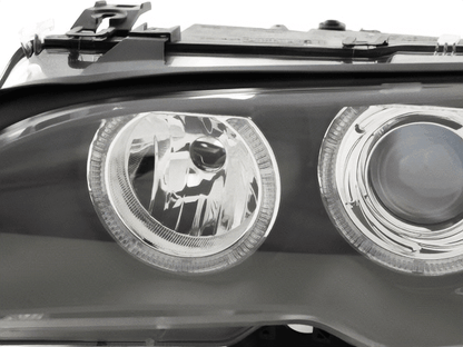 Black BMW E46 3-Series Coupe OE+ Angel Eyes Headlights by K2 Industries, for 2002-2005 model, showing front view with angel eye rings.