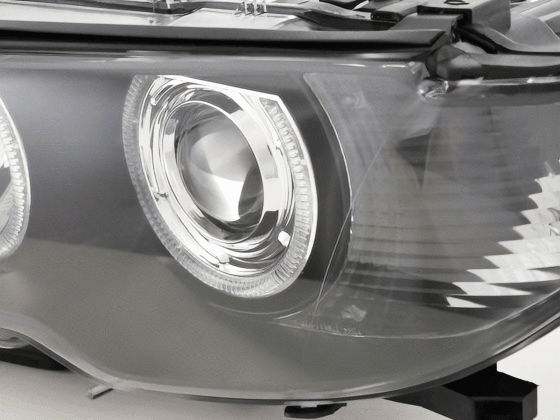 Black BMW E46 3-Series Coupe headlights with OE+ Angel Eyes, compatible with 2002-2005 models, by K2 Industries.