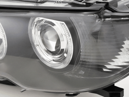 Black BMW E46 3-Series Coupe headlights with OE+ Angel Eyes, compatible with 2002-2005 models, by K2 Industries.