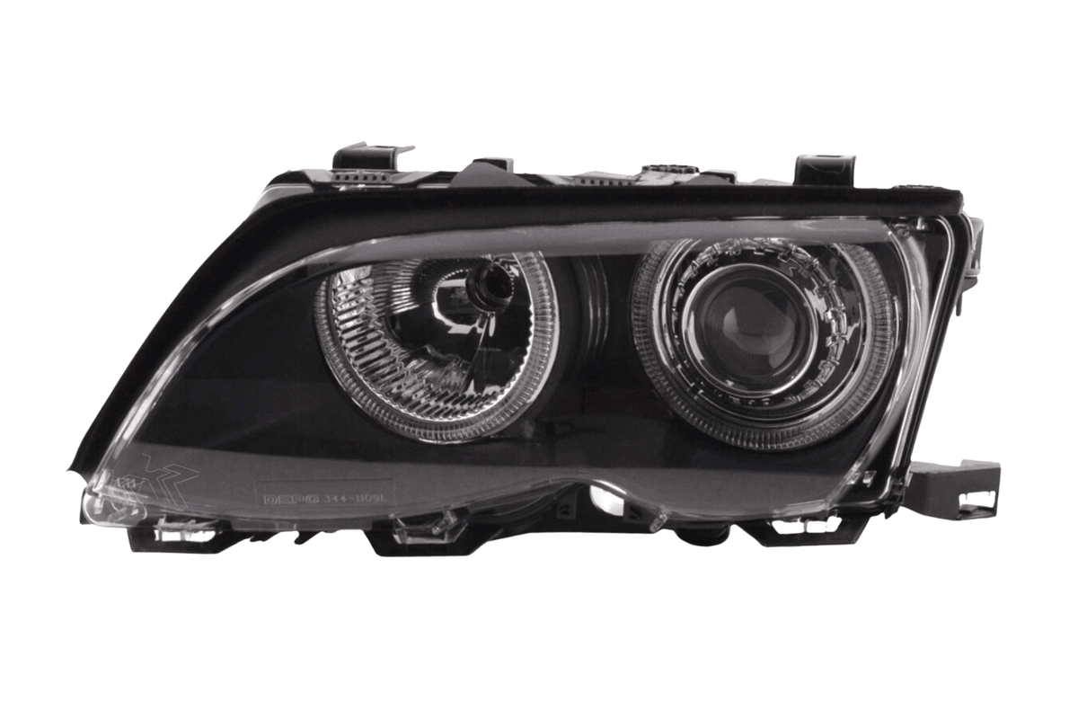 Black BMW E46 3-Series sedan OE+ Angel Eyes headlights from K2 Industries, suitable for 2003-2006 models.