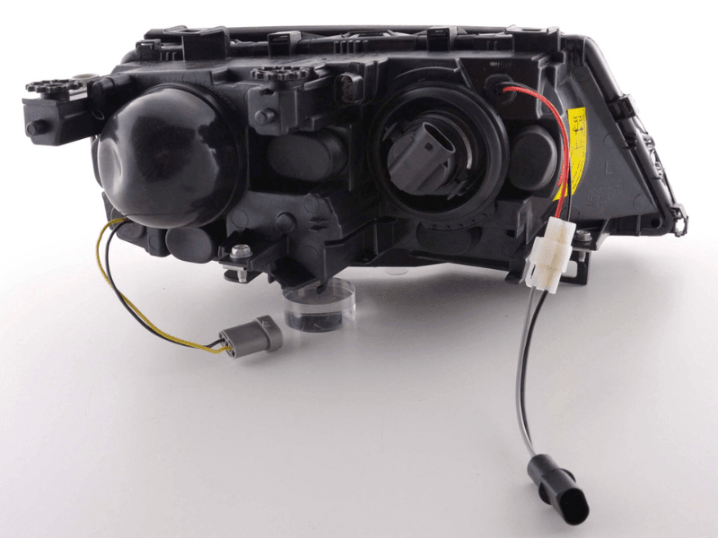 BMW E46 3-Series sedan black OE+ Angel Eyes headlights, 2003-2006, by K2 Industries, showing front view with clear lens and LED rings.