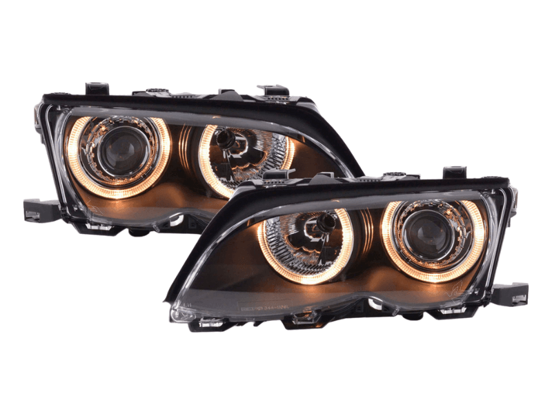 Black BMW E46 3-Series sedan OE+ Angel Eyes headlights by K2 Industries, 2003-2006 model, showing front view with illuminated rings