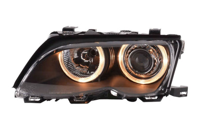 Black BMW E46 3-Series sedan OE+ Angel Eyes headlights by K2 Industries, designed for 2003-2006 models.