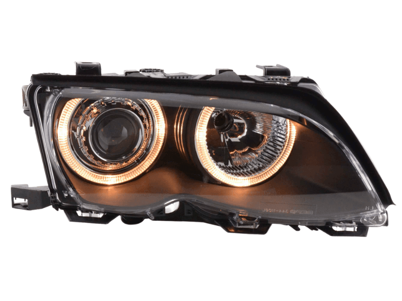 Black BMW E46 3-Series sedan headlights with OE and angel eyes from K2 Industries, suitable for 2003-2006 models.
