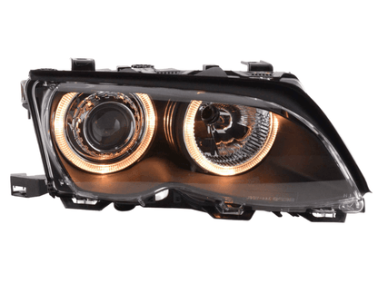 Black BMW E46 3-Series sedan headlights with OE and angel eyes from K2 Industries, suitable for 2003-2006 models.