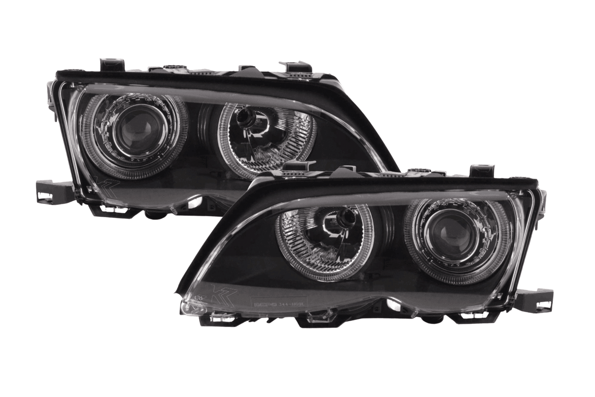 Black BMW E46 3-Series Sedan headlights with OE and angel eyes, compatible with 2003-2006 models by K2 Industries.