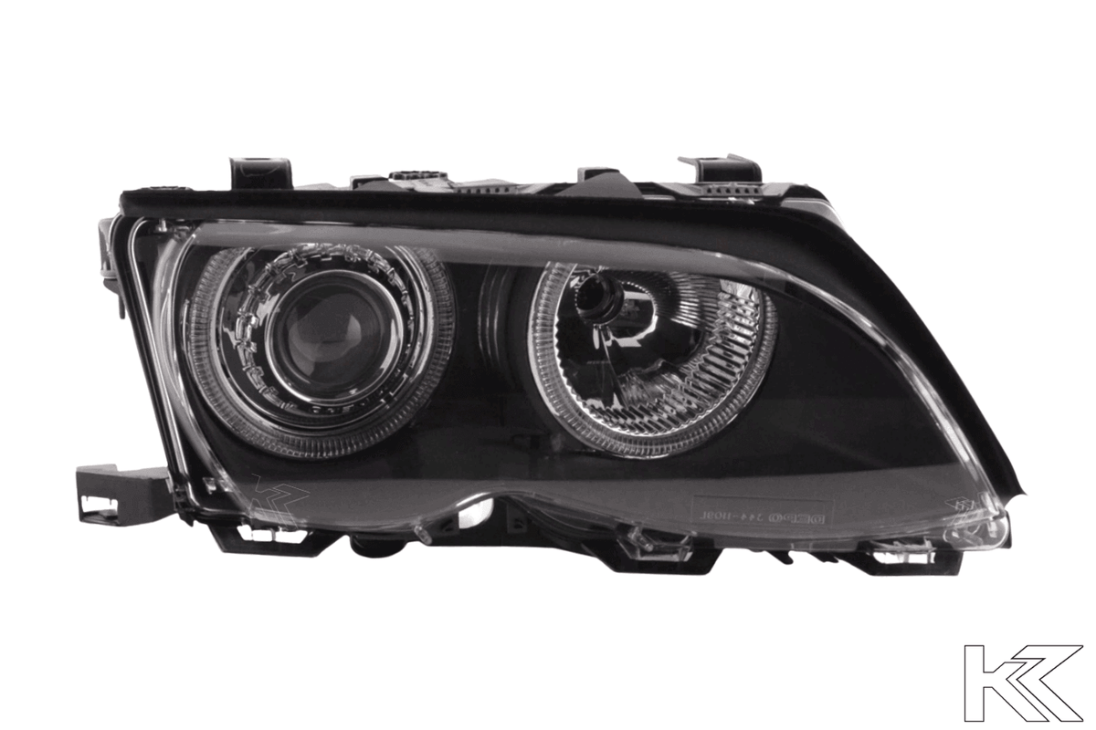 Black BMW E46 3-Series Sedan OE+ Angel Eyes Headlights by K2 Industries, showing front view with integrated daytime running lights.