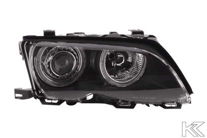 Black BMW E46 3-Series Sedan OE+ Angel Eyes Headlights by K2 Industries, showing front view with integrated daytime running lights.