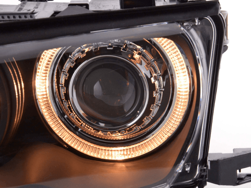 Black BMW E46 3-Series Sedan OE+ Angel Eyes Headlights by K2 Industries, 2003-2006 model with clear lens and stylish illumination.