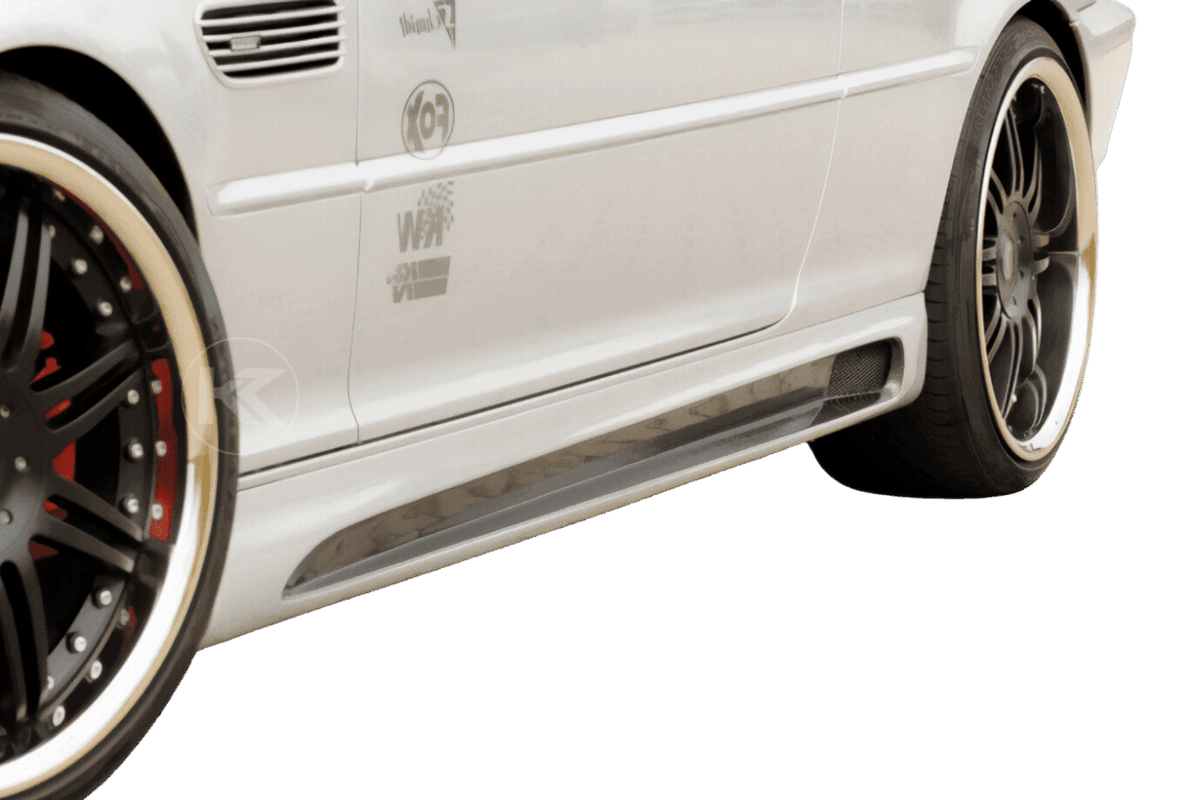 BMW E46 all models Rieger Vented Side Skirts V2 by K2 Industries, showing sleek vented side skirt design on a car.