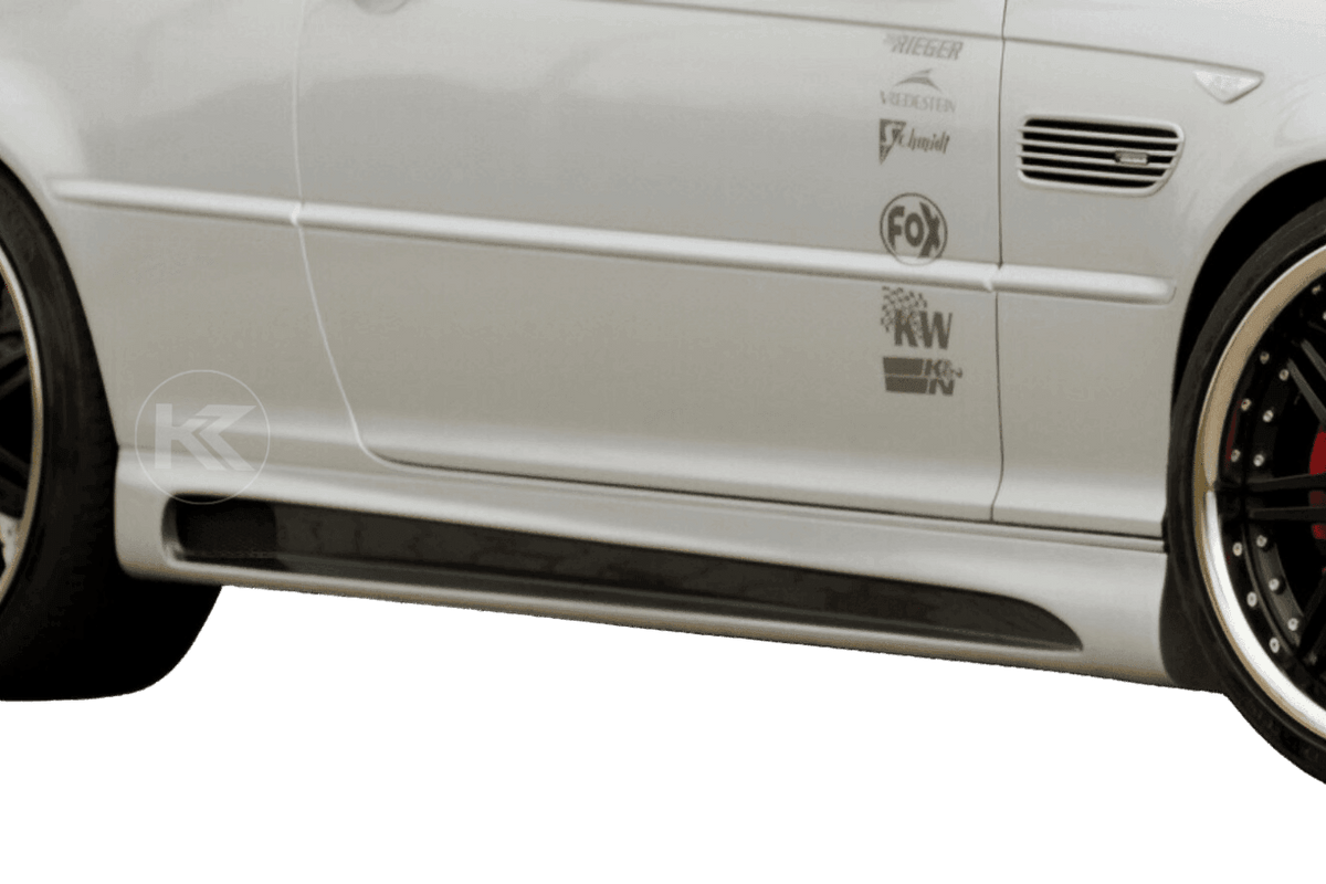 BMW E46 all models Rieger Vented Side Skirts V2 by K2 Industries installed on vehicle, showcasing sleek aerodynamic design.