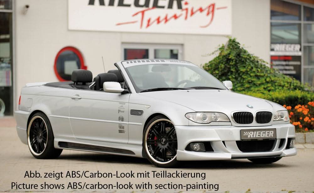 BMW E46 all models with K2 Industries Rieger Vented Side Skirts V2, showing sleek side skirt design for enhanced sporty appearance.
