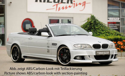 BMW E46 all models with K2 Industries Rieger Vented Side Skirts V2, showing sleek side skirt design for enhanced sporty appearance.