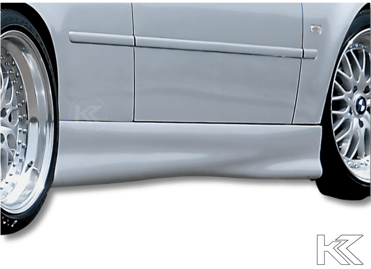 BMW E46 coupe and convertible side skirts by K2 Industries, Rieger "Twisty" style, shown on the vehicle's side profile.