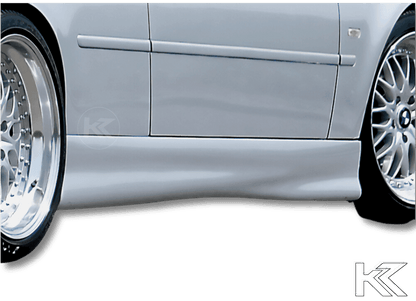 BMW E46 coupe and convertible side skirts by K2 Industries, Rieger "Twisty" style, shown on the vehicle's side profile.
