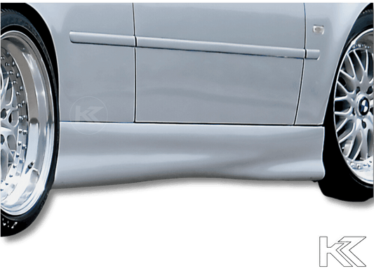 BMW E46 coupe and convertible side skirts by K2 Industries, Rieger "Twisty" style, shown on the vehicle's side profile.