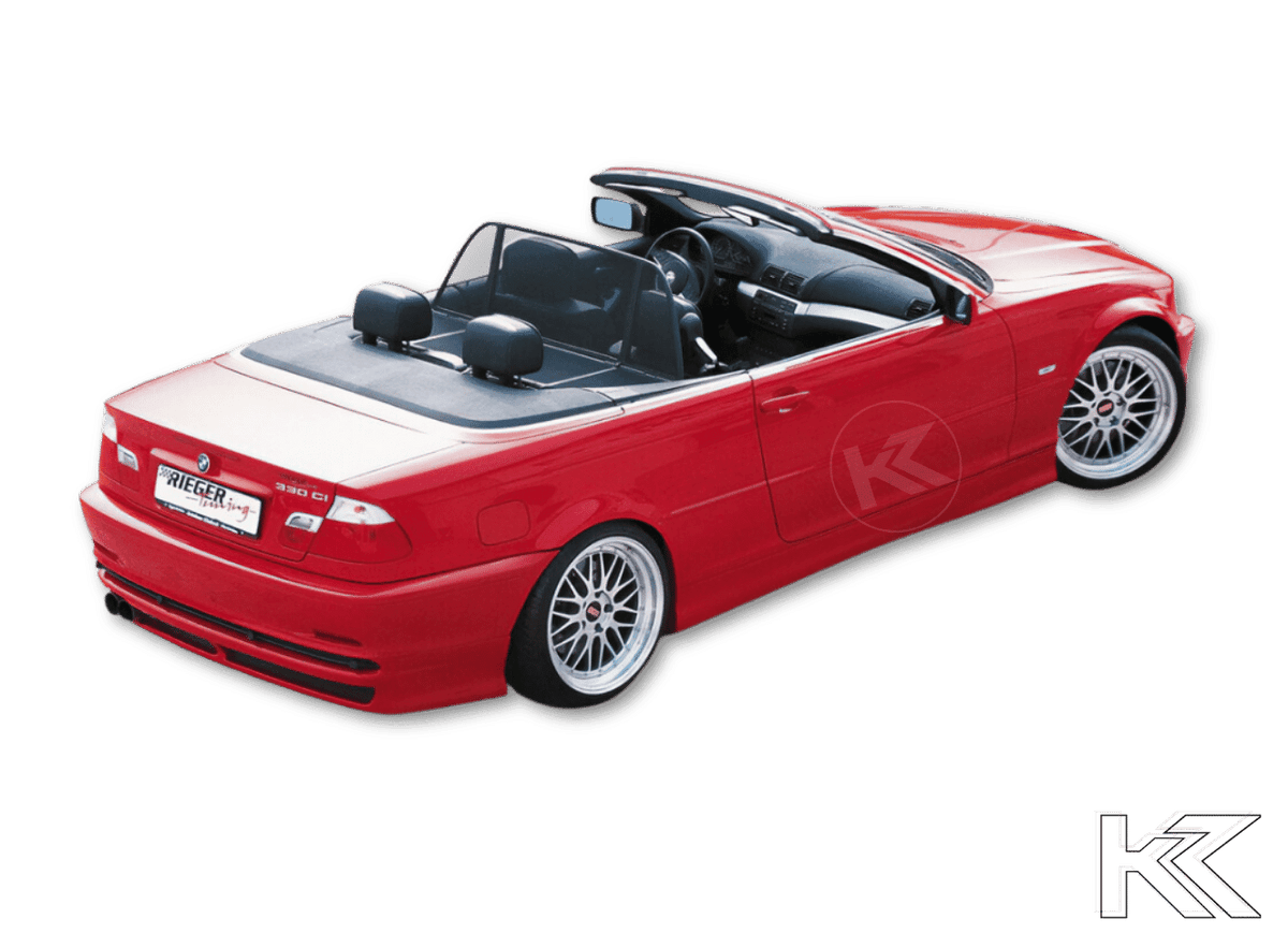 BMW E46 coupe or convertible with K2 Industries Rieger Twisty side skirts, close-up view of the stylish aerodynamic car accessories.