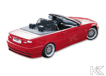 BMW E46 coupe or convertible with K2 Industries Rieger Twisty side skirts, close-up view of the stylish aerodynamic car accessories.
