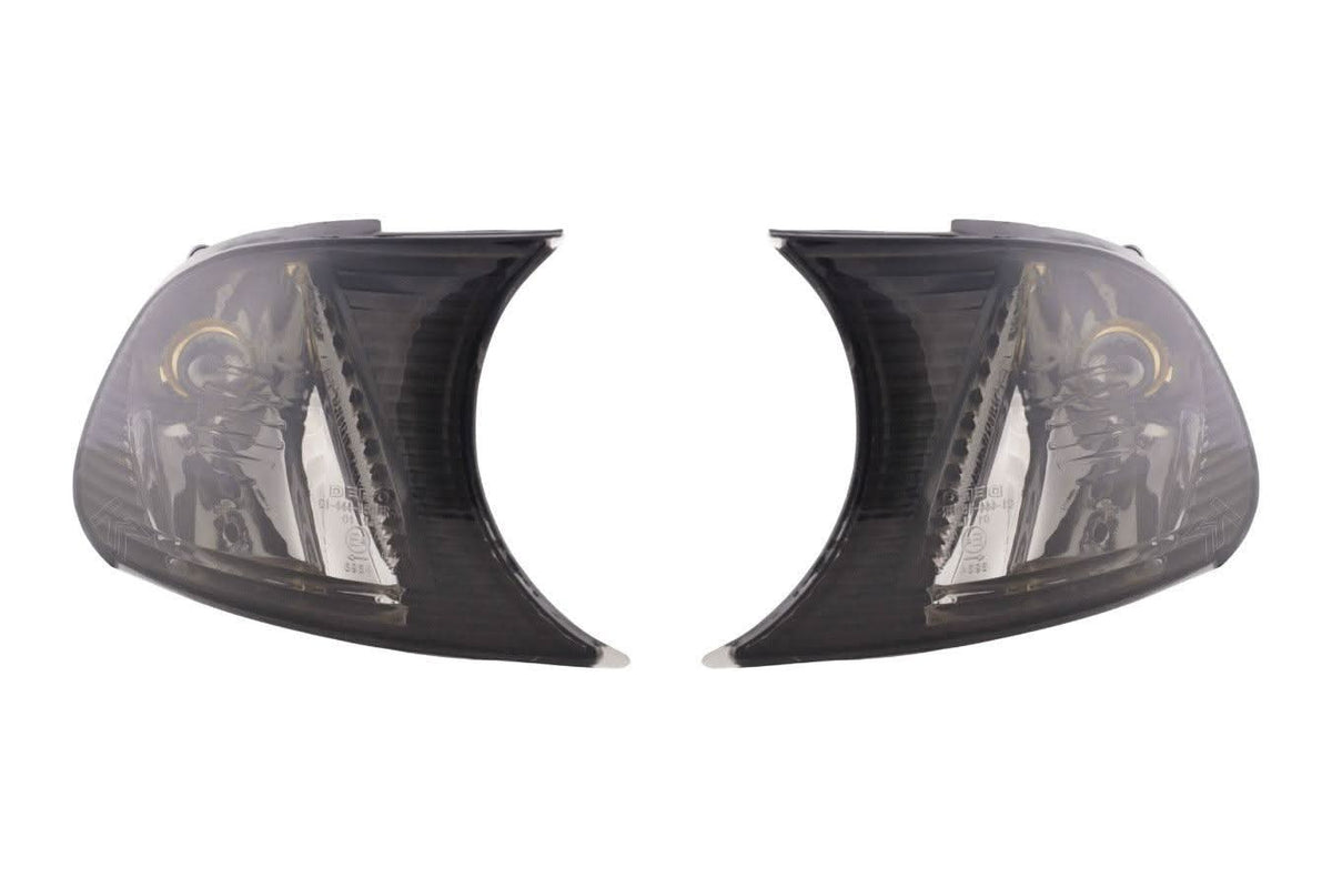 BMW E46 coupe and convertible smoked clear clip-on corner lights by K2 Industries, for 1998-2001 models.