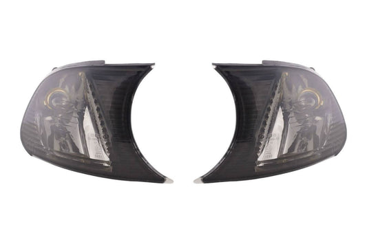 BMW E46 coupe and convertible smoked clear clip-on corner lights by K2 Industries, for 1998-2001 models.