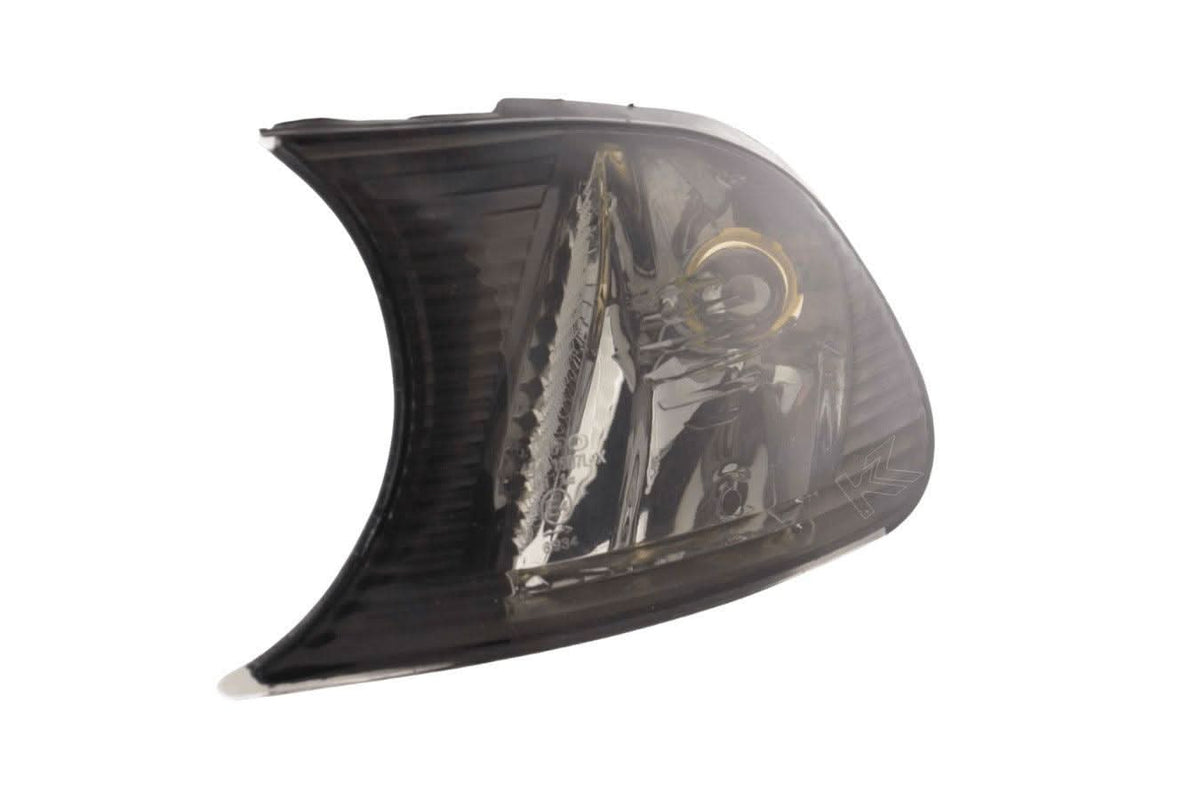 BMW E46 coupe and convertible smoked clear clip-on corner lights by K2 Industries, for models 1998-2001, shown on vehicle.