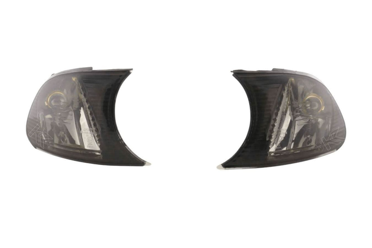 BMW E46 Coupe/Convertible smoked clear corner lights by K2 Industries, clip-on style for 1998-2001 models, shown installed on vehicle.