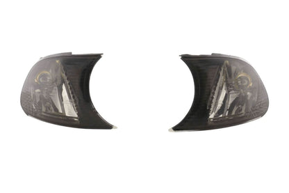 BMW E46 Coupe/Convertible smoked clear corner lights by K2 Industries, clip-on style for 1998-2001 models, shown installed on vehicle.