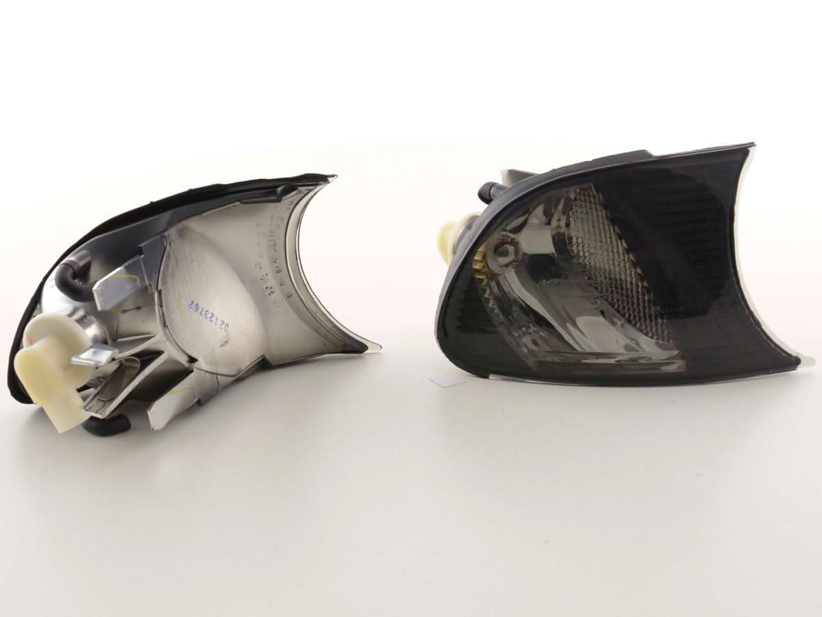 BMW E46 coupe and convertible smoked clear clip-on corner lights by K2 Industries, for 1998-2001 models, shown installed.