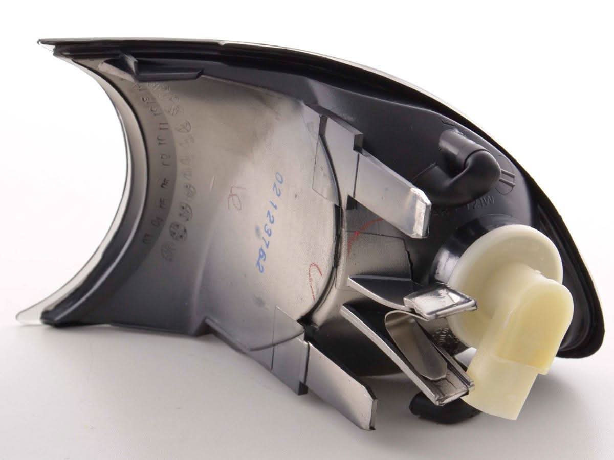 BMW E46 coupe and convertible smoked clear clip-on corner lights by K2 Industries, for 1998-2001 models, shown on vehicle.