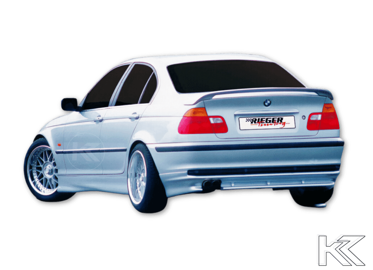 BMW E46 Sedan Rieger Rear Skirt Extension V1 by K2 Industries, side skirt upgrade for 1998-2001 model with detailed design.