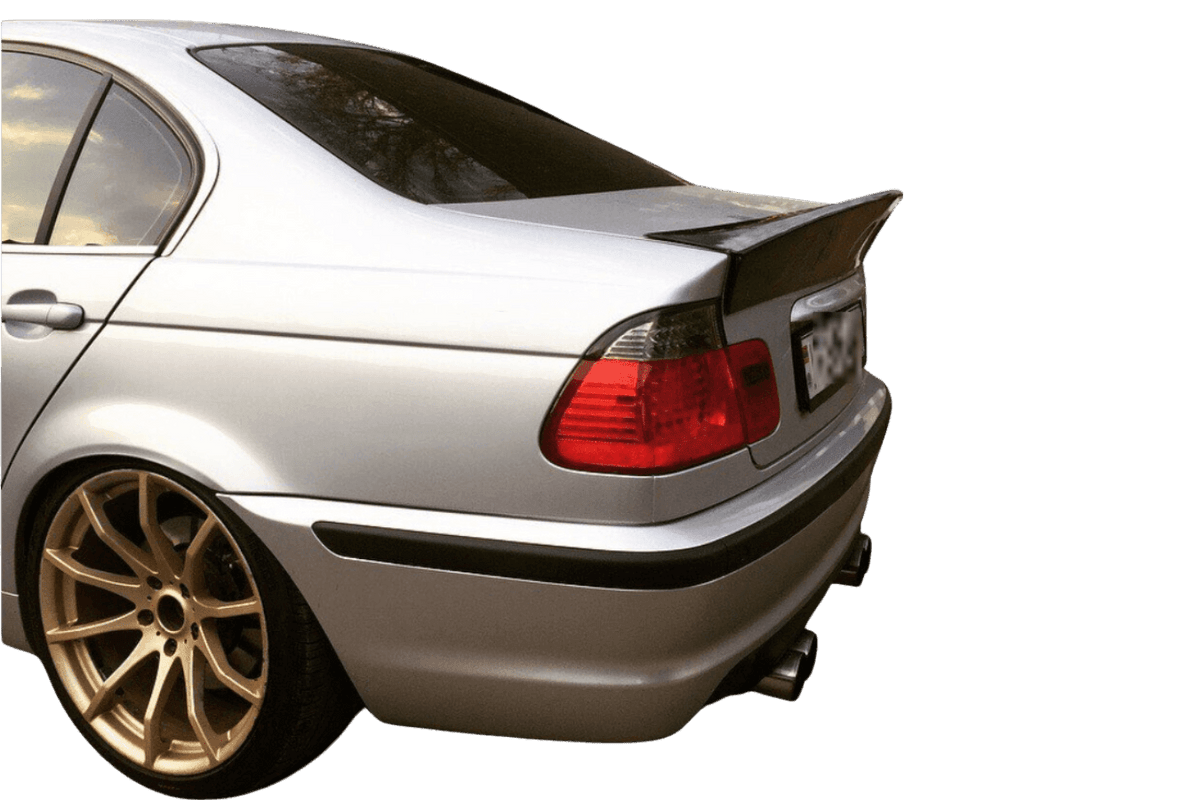 BMW E46 sedan series 3 CSL-inspired ducktail spoiler by K2 Industries, mounted on the car's trunk for aerodynamic style.