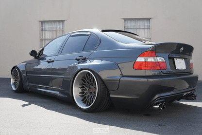 BMW E46 Sedan Series 3 CSL-inspired ducktail spoiler by K2 Industries, showing the sleek spoiler design on the car's rear.