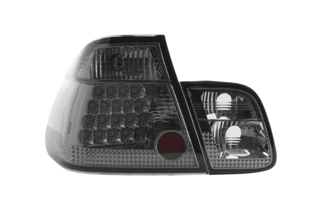 BMW E46 Sedan smoked Altezza style LED taillights for pre-face lift models (1998-2001) by K2 Industries, featuring sleek, smoked lens design.