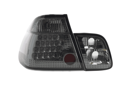 BMW E46 Sedan smoked Altezza style LED taillights for pre-face lift models (1998-2001) by K2 Industries, featuring sleek, smoked lens design.