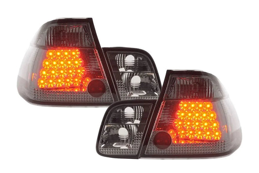 BMW E46 Sedan smoked Altezza style LED tail lights for pre-facelift models, manufactured by K2 Industries, shown on a 1998-2001 sedan.