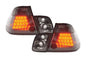 BMW E46 Sedan smoked Altezza style LED tail lights for pre-facelift models, manufactured by K2 Industries, shown on a 1998-2001 sedan.